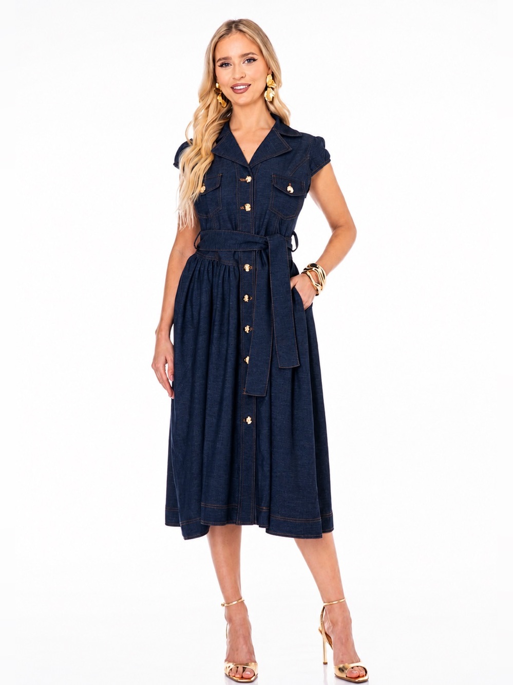 Elegant Denim Button-Front Midi Dress with Tie Waist